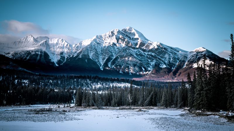 Jasper National Park, Alberta, Canada, Winter, Glacier mountains, Rocky Mountains, Mountain range, Blue Sky, Landscape, Scenery, Snow covered, 5K, 8K, Wallpaper