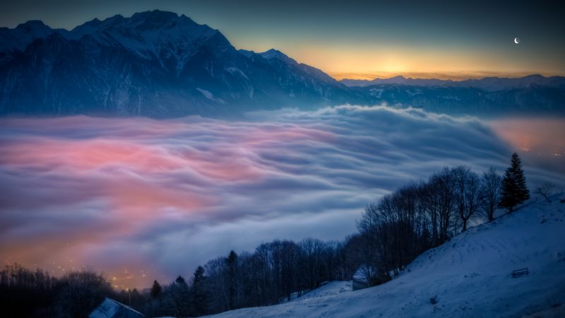 Above clouds, Mountains, Peak, Sunrise, Moon, Winter, Cold, Scenic, Wallpaper