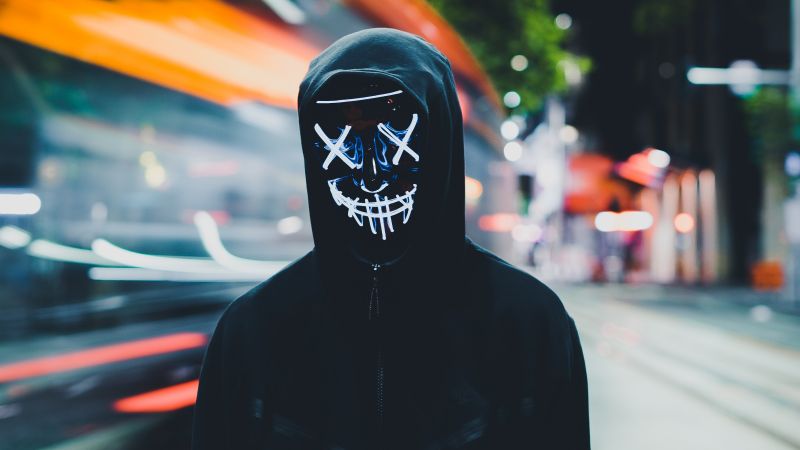 Persons in Mask, Neon Mask, Black Hoodie, Anonymous, 5K, Wallpaper