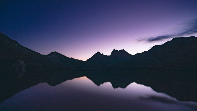 Cradle Mountain, Australia, Silhouette, Night time, Lake, Reflection, Purple sky, Landscape, Scenery, 5K, Wallpaper