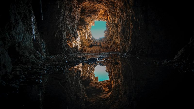 Cave, Tunnel, Reflection, Water, Symmetrical, Rock formations, Inside, Blue Sky, Wallpaper