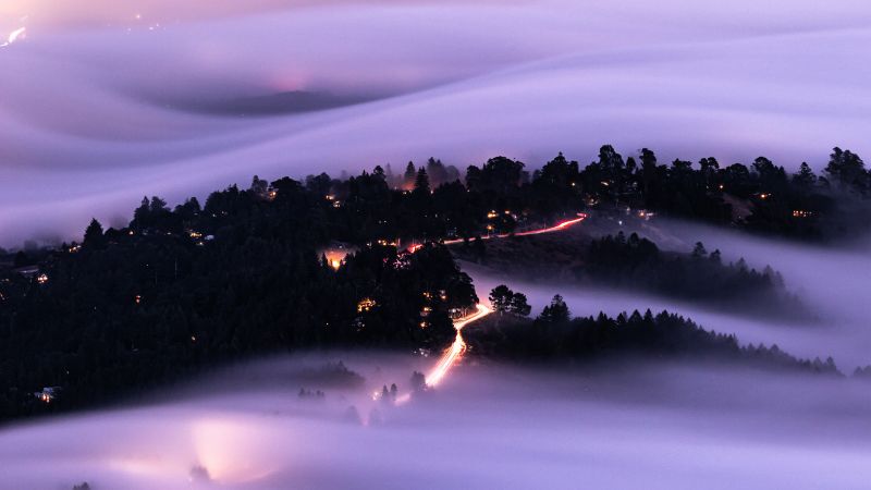 Mount Tamalpais, Mountain Peak, California, USA, Aerial view, Fog, Long exposure, Landscape, Light trails, 5K, Wallpaper
