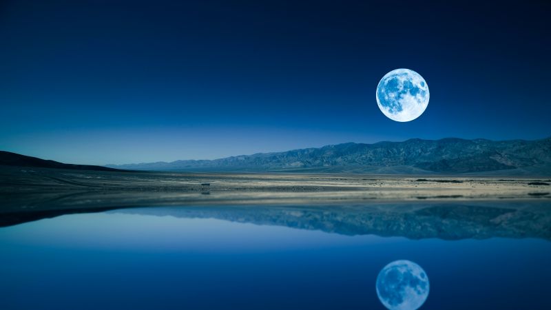 Full moon, Night time, Lake, Body of Water, Reflection, Landscape, Scenery, Sunset, Dusk, Clear sky, 5K, 8K, Wallpaper
