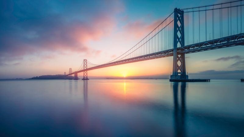 Oakland Bay Bridge, Sunrise, San Francisco, California, Body of Water, Long exposure, Landscape, 5K, Wallpaper