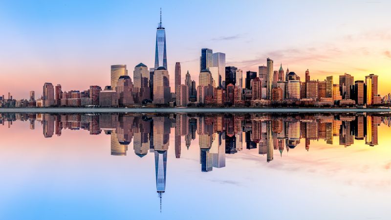 New York City, Panorama, Skyline, Sunset, Skyscrapers, Reflection, Cityscape, Digital composition, Aesthetic, 5K, Wallpaper