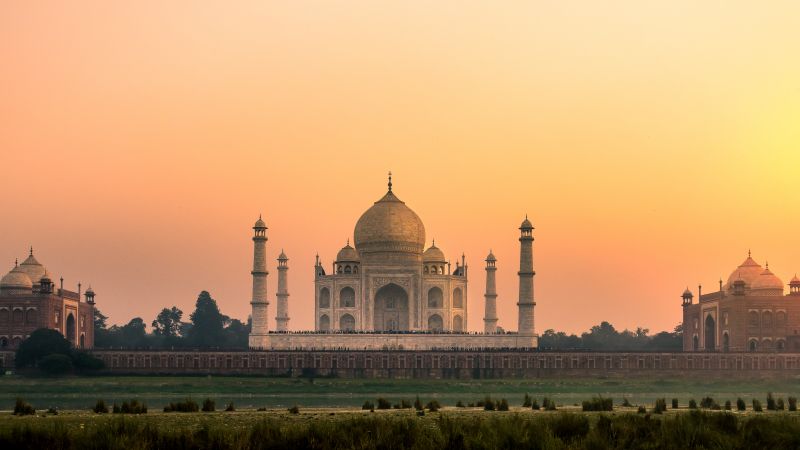 Taj Mahal, India, Sunset, Orange sky, Wonders of the World, Landscape, Landmark, Famous Place, Tourist attraction, Ancient architecture, 5K, Wallpaper