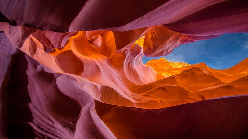 Lower Antelope Canyon, 5K, Arizona, Tourist attraction, Famous Place, Rock formations, Curves, Looking up at Sky, Wallpaper