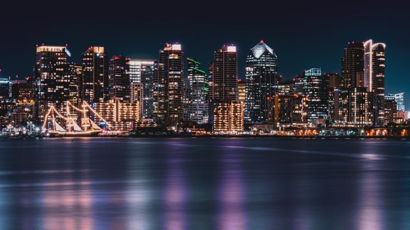 San Diego City, Cityscape, City lights, Night time, Skyline, Body of Water, Long exposure, Reflection, Skyscrapers, 5K, Wallpaper