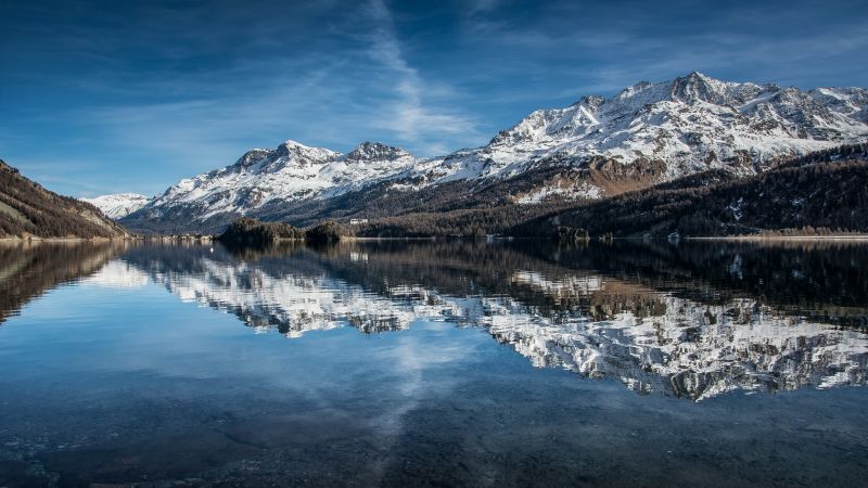 Piz Corvatsch, Switzerland, Swiss Alps, Glacier mountains, Snow covered, Lake Sils, Reflection, Daytime, Landscape, Scenery, Blue Sky, 5K, Wallpaper