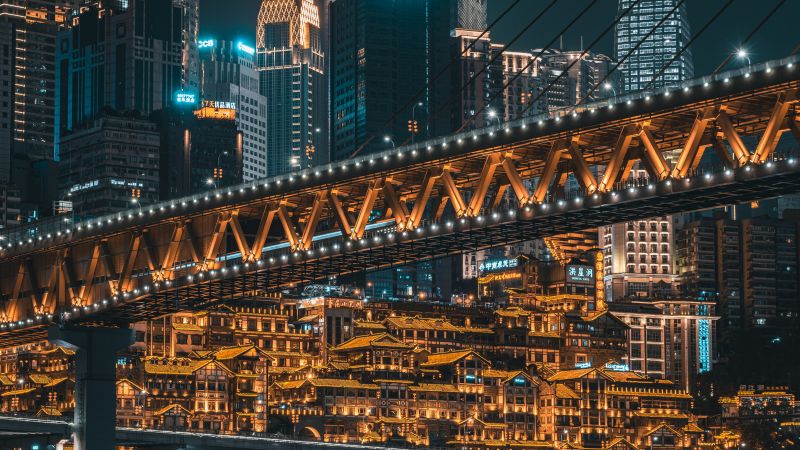 Chongqing, China, City Skyline, Skyscrapers, Night time, City lights, Bridge, 5K, 8K, Wallpaper