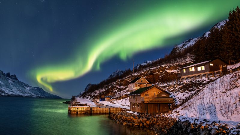 Aurora Borealis, Northern Lights, Norway, Wooden House, Landscape, River Stream, Night time, Snow covered, Mountains, Scenery, Stars, 5K, Wallpaper