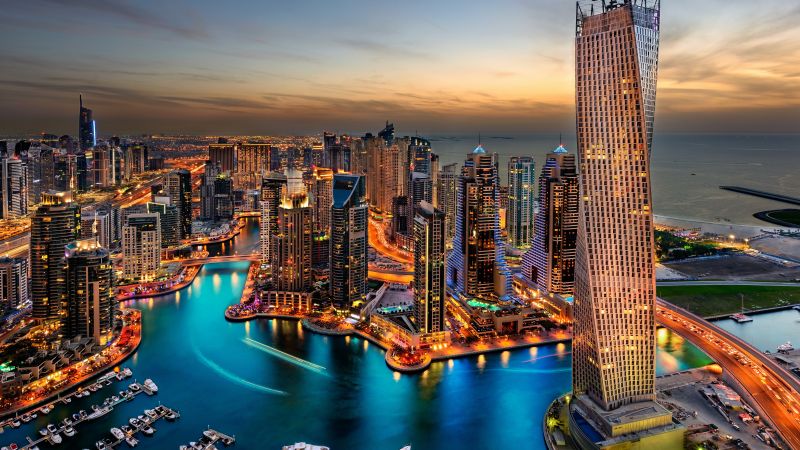 Dubai Marina, Cityscape, Skyline, Skyscrapers, Buildings, City lights, Sunset, Night, Dubai, 5K, Wallpaper
