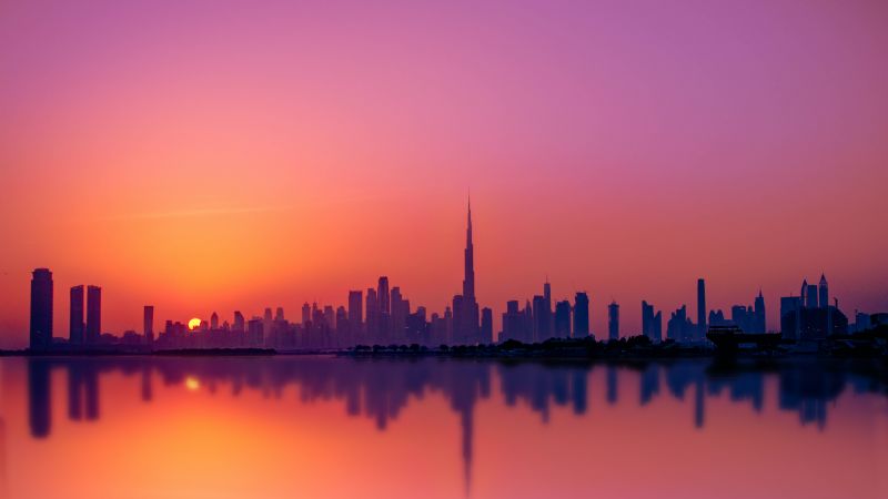 Dubai City, Skyline, Silhouette, Cityscape, Sunset, Burj Khalifa, Purple sky, Body of Water, Reflection, Skyscrapers, Dusk, United Arab Emirates, 5K, Wallpaper