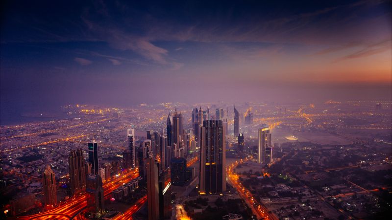 Dubai City Skyline, Cityscape, Aerial view, Skyscrapers, High rise building, Sunrise, Dawn, City lights, 5K, Wallpaper