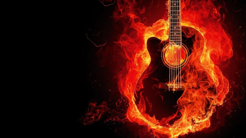 Flaming Guitar, Black background, Musical instrument, Fire, Digital Art, Burning, Wallpaper