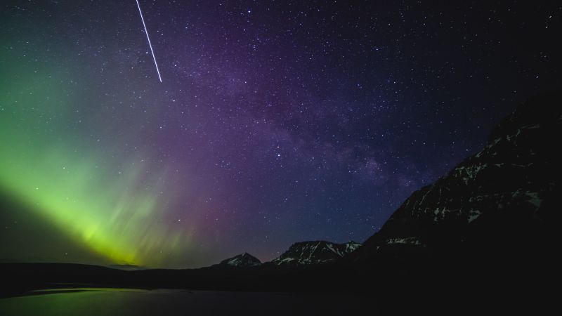Aurora Borealis, Milky Way, Purple sky, Night, Starry sky, Glacier National Park, 5K, Wallpaper