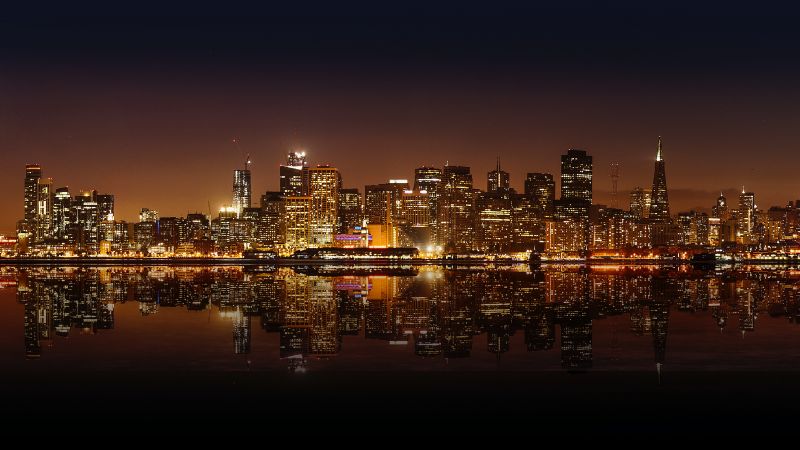San Francisco City, Skyline, United States, Night time, Cityscape, City lights, Body of Water, Reflection, Skyscrapers, Wallpaper