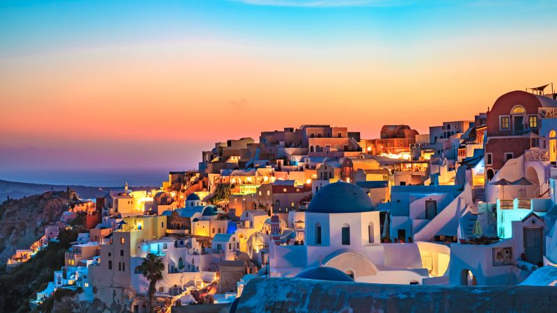 Oia, Santorini, Greece, Sunset, Panoramic, Colorful Sky, Blue Dome Buildings, Vibrant, 5K, Wallpaper