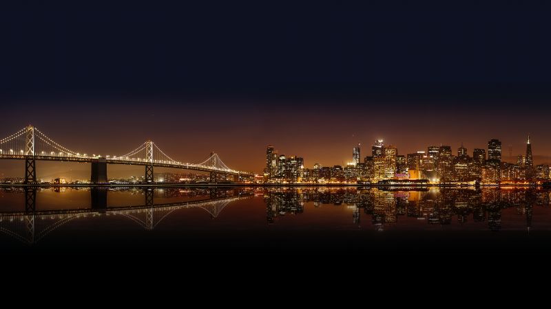 San Francisco-Oakland Bay Bridge, City Skyline, Cityscape, Night time, City lights, Body of Water, Reflection, Skyscrapers, 5K, 8K, Wallpaper