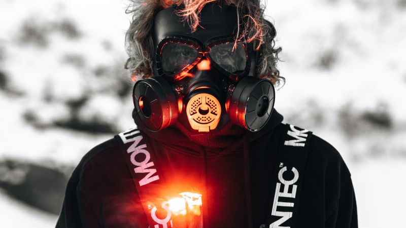 Gas mask, Hoodie, Person, Flare, Adventure, 5K, Wallpaper
