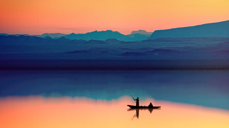 Aesthetic, Mountains, Lake, River, Dusk, Evening, Reflection, Boating, Silhouette, Wallpaper