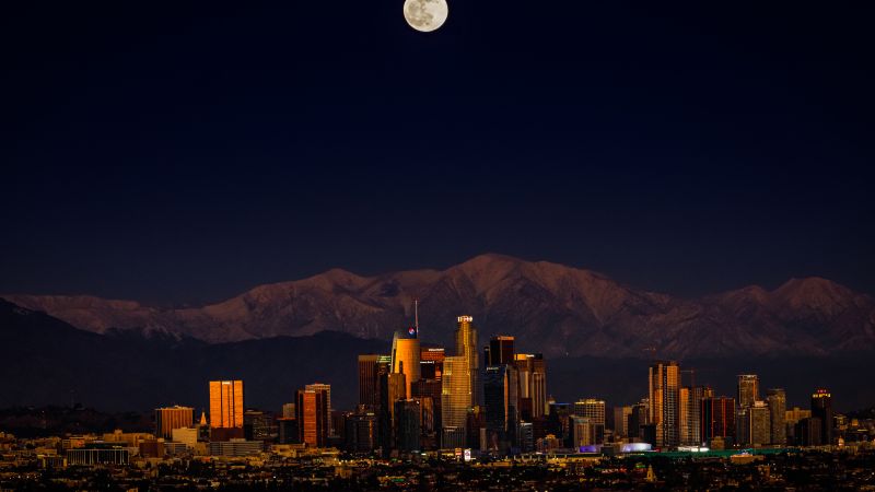 Los Angeles, Downtown, Cityscape, Night, Full moon, Dark, 5K, 8K, Wallpaper
