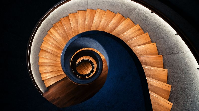 Spiral staircase, Wooden stairs, Swirling Vortex, 5K, Wallpaper