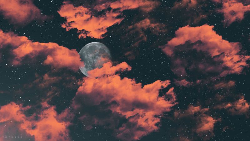 Full moon, Dark background, Cloudy Sky, Stars, Digital Art, 5K, 8K, Wallpaper