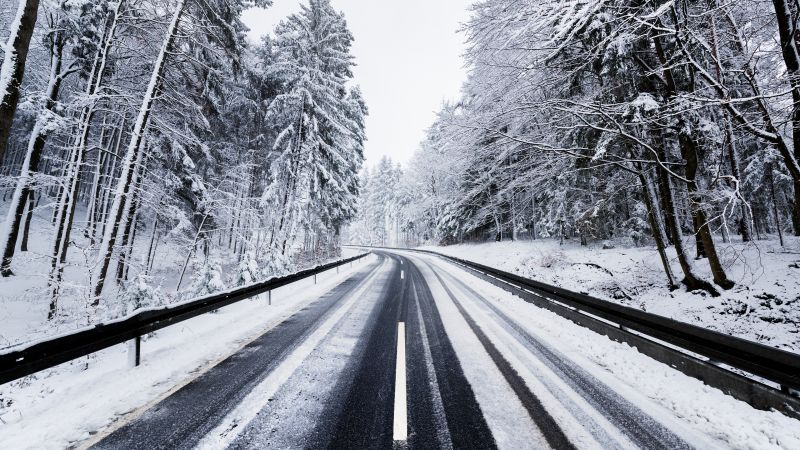 Winter, Road, Forest, Snow covered, Trees, Wallpaper