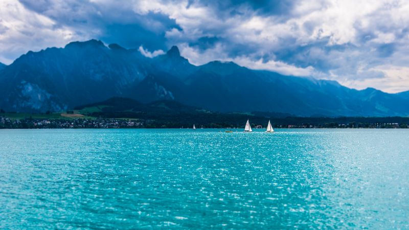 Lake Thun, Mountains, Daytime, Sailing boats, Wallpaper