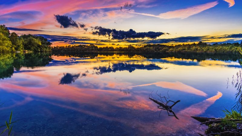 Mirror Lake, Sunset, Reflection, Dusk, Clouds, Scenery, Pleasant, Trees, Body of Water, Evening sky, 5K, Wallpaper