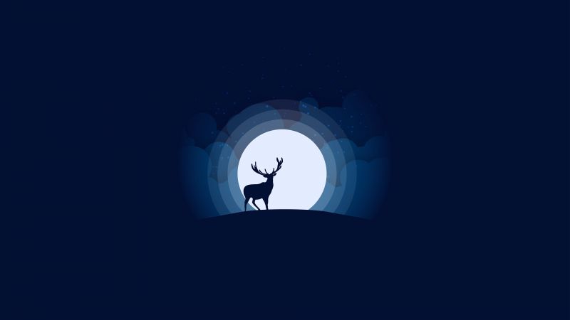 Deer, Silhouette, Moon, Night, Minimal art, Illustration, Dark background, Wallpaper
