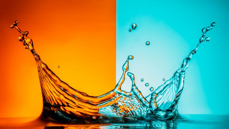 Splash, Water, Orange background, Macro, Light, Wallpaper