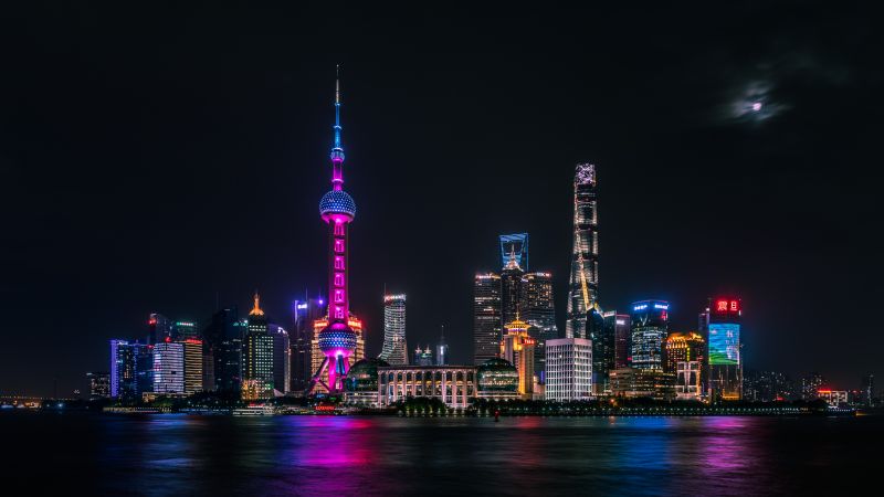 Shanghai City, Skyline, Night time, Cityscape, City lights, Body of Water, Reflection, Dark Sky, Skyscrapers, 5K, Wallpaper