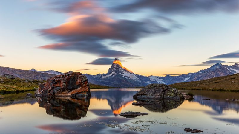 Matterhorn, Stellisee, Lake, Sunrise, Switzerland, Alpenglow, Reflection, Landscape, Scenery, Rocks, Lenticular clouds, Golden hour, 5K, Wallpaper