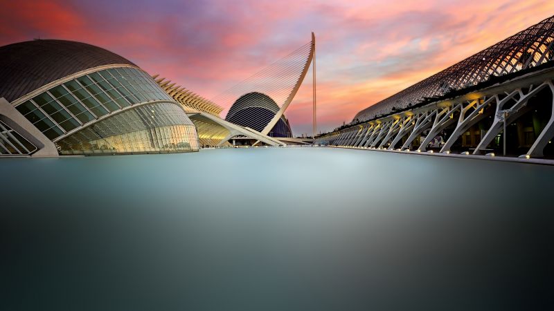 City of Arts and Sciences, 5K, Valencia, Spain, Long exposure, Modern architecture, Sunset, Famous Place, Wallpaper