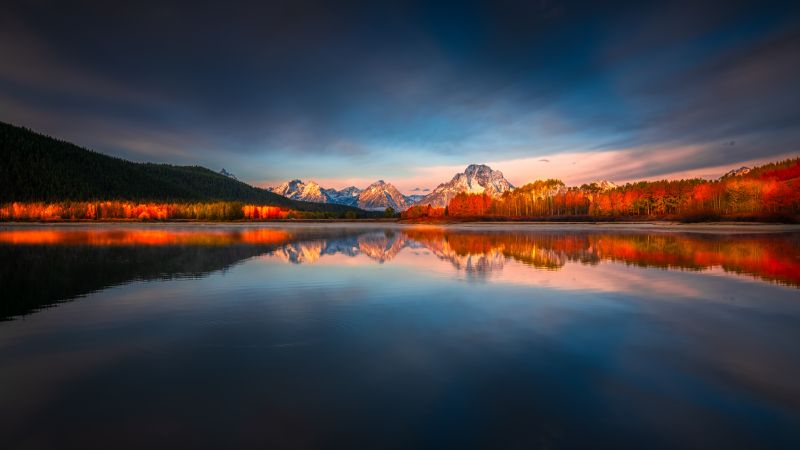 Mount Moran, Grand Teton National Park, Wyoming, Sunrise, Reflection, Mountain Peak, Body of Water, Alpenglow, Landscape, Scenery, 5K, 8K, Wallpaper