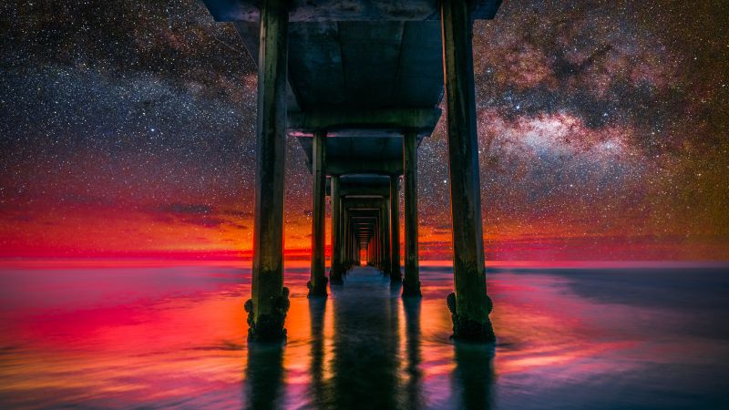 Scripps Pier, La Jolla, United States, Milky Way, Starry sky, Underneath, Body of Water, Reflection, Tourist attraction, Landscape, Scenic, 5K, 8K, Wallpaper