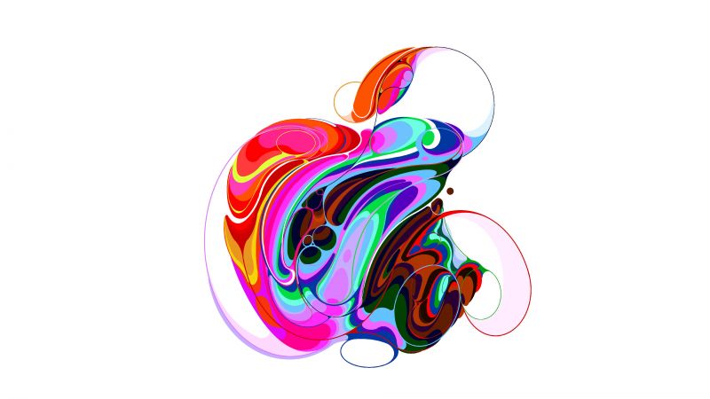 Apple, Logo, Colorful, Liquid art, White background, Apple Event, Wallpaper