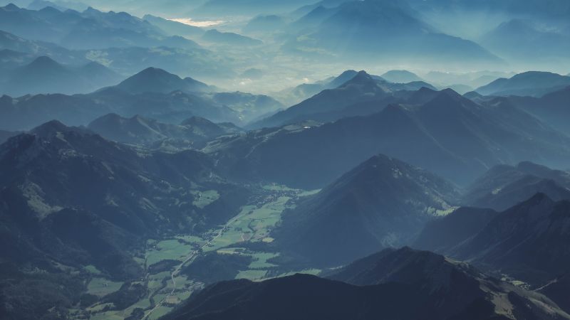 Brandenberg Alps, Austria, Mountain range, Aerial view, Mist, Valley, Landscape, 5K, Wallpaper