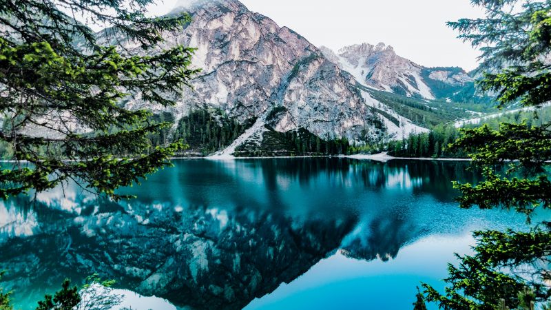 Mountain lake, Reflection, Blue Water, Landscape, Scenery, 5K, Wallpaper