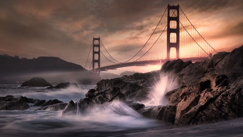 Golden Gate Bridge, California, Rocky coast, Water splash, Long exposure, Metal structure, Cloudy, Landmark, Dusk, Sunset, Wallpaper