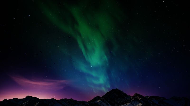 Aurora Borealis, Northern Lights, Mountain range, Night time, Starry sky, Landscape, Scenic, 5K, Wallpaper