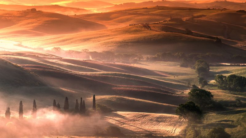 Tuscany, Italy, Country Side, Sunrise, Foggy, Dawn, Landscape, Aerial view, Meadow, 5K, Wallpaper