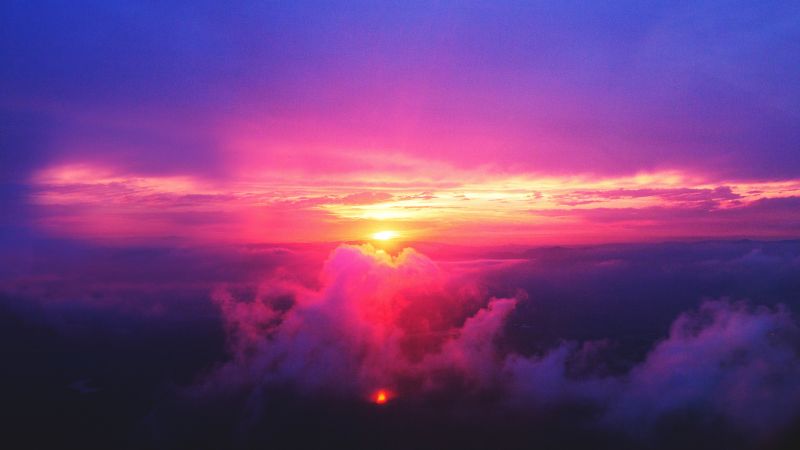 Sunset, Dusk, Cloudy Sky, Purple, Aerial view, Scenery, 5K, Wallpaper