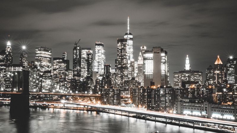Manhattan Bridge, Brooklyn, Cityscape, Night, City lights, New York City, USA, Wallpaper