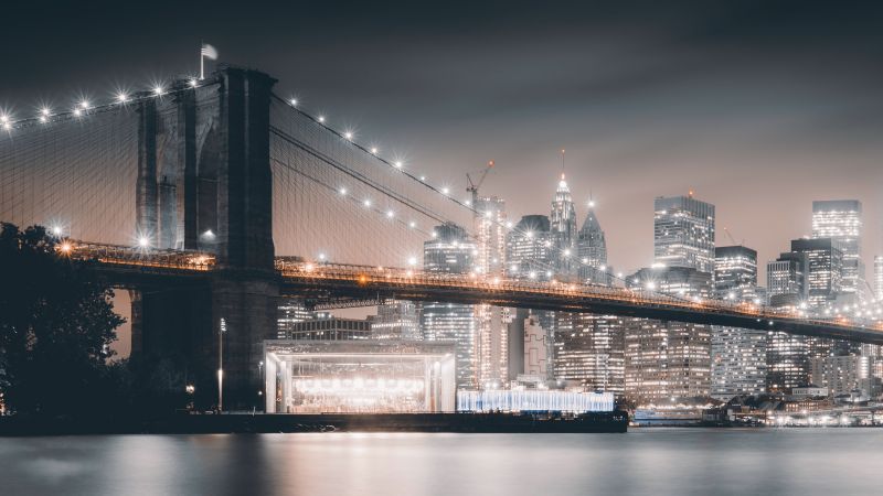 Brooklyn Bridge, Night, City lights, Cityscape, Reflections, Hudson River, Brooklyn, New York, USA, Wallpaper