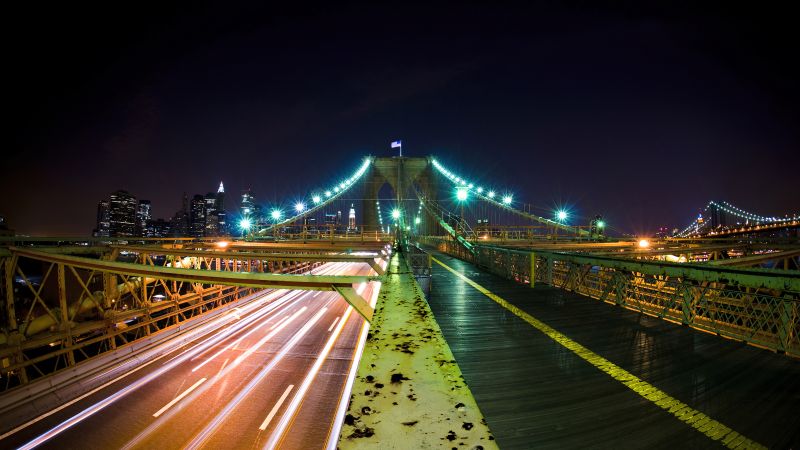 Brooklyn Bridge, Cityscape, City lights, Manhattan, Brooklyn, Suspension bridge, New York City, USA, Wallpaper