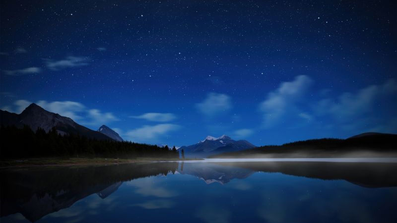 Maligne Lake, Jasper National Park, Alberta, Canada, Starry sky, Night sky, Reflections, Wallpaper