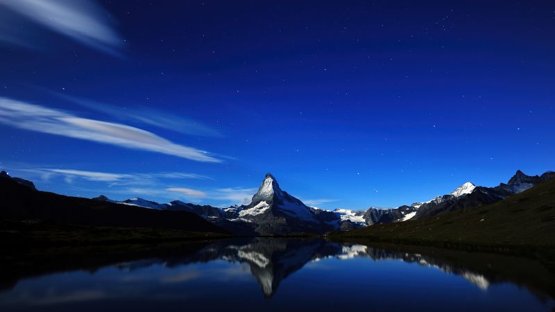 Matterhorn, Alps mountains, Night, Dark, Silhouette, Panorama, Blue Sky, Stellisee Lake, Reflection, Midnight, Scenery, Aesthetic, Wallpaper